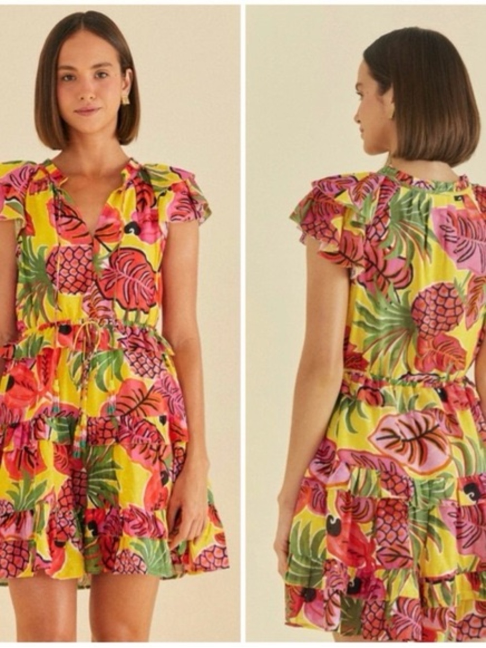 FARM Rio Yellow Tropical Pineapple Mini Dress with Pink & Green Motifs - FLAW